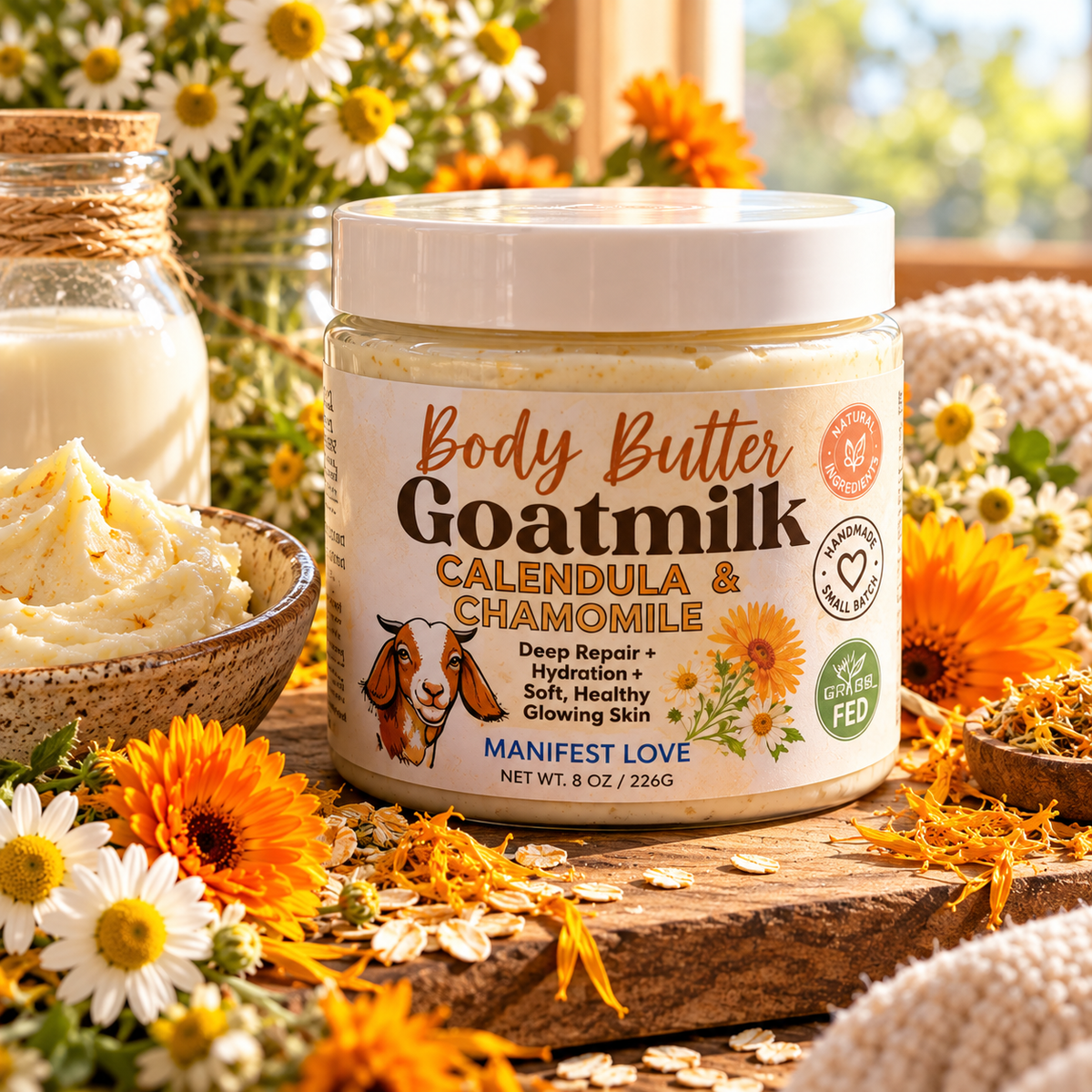 8oz Goat Milk Calendula & Chamomile Whipped Tallow Body Butter