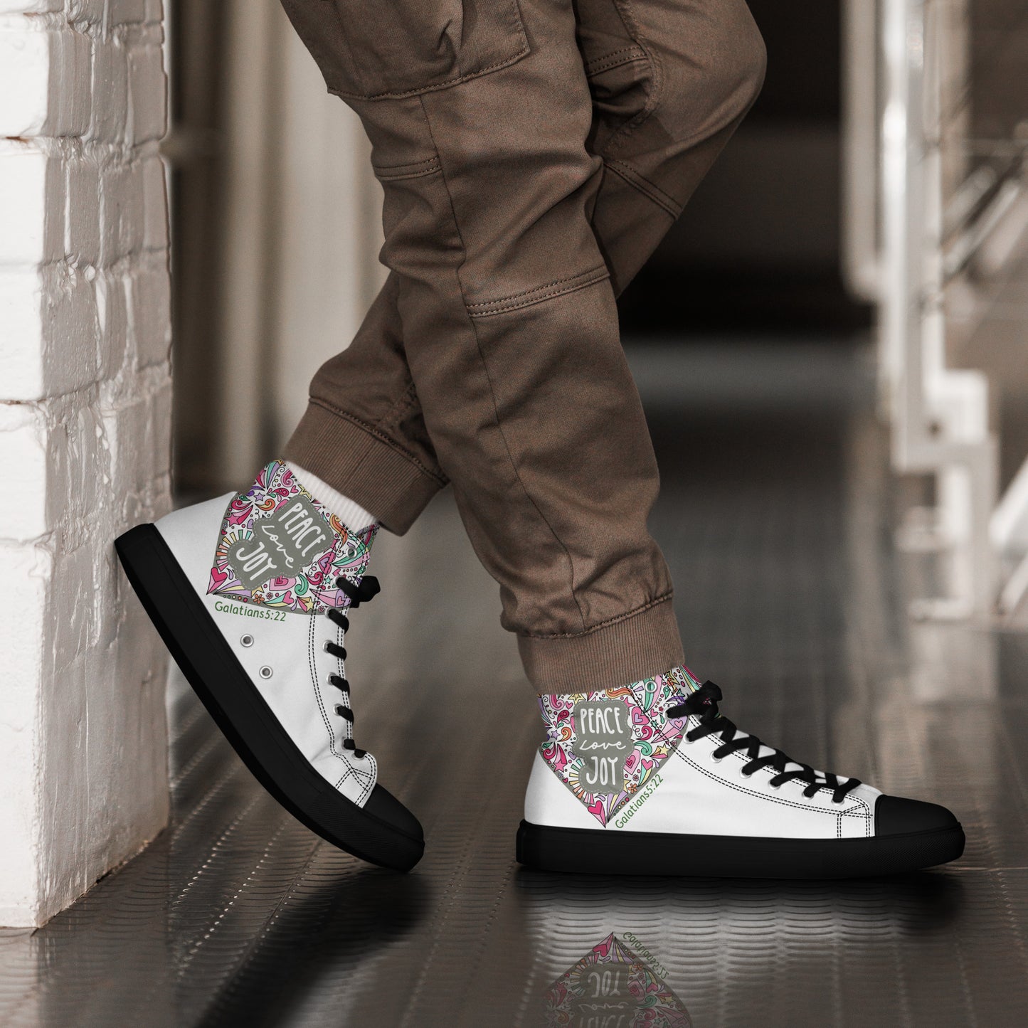 Peace, Love, Joy, Men’s high top canvas shoes