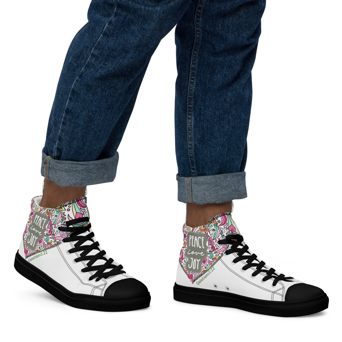 Peace, Love, Joy, Men’s high top canvas shoes