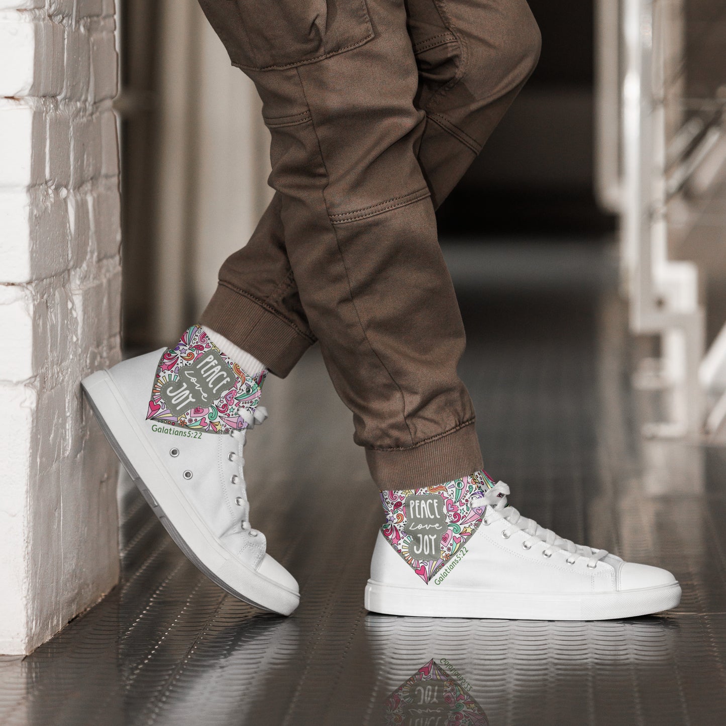 Peace, Love, Joy, Men’s high top canvas shoes