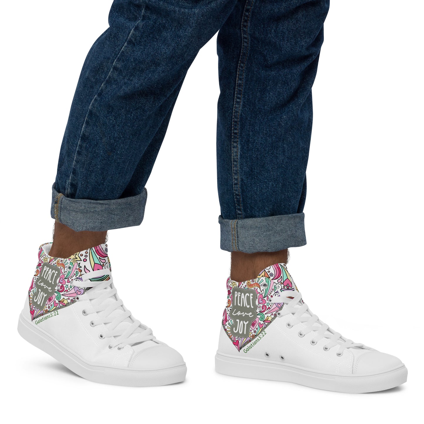 Peace, Love, Joy, Men’s high top canvas shoes