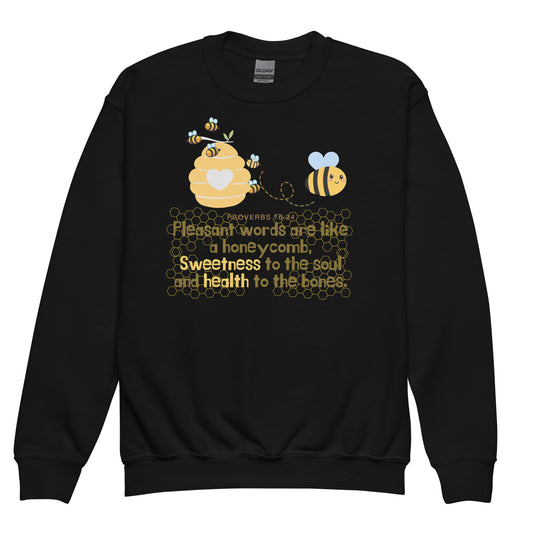 Pleasant words are as a honeycomb, sweet to the soul, and health to the bones", Proverbs 16:24,Youth crewneck sweatshirt