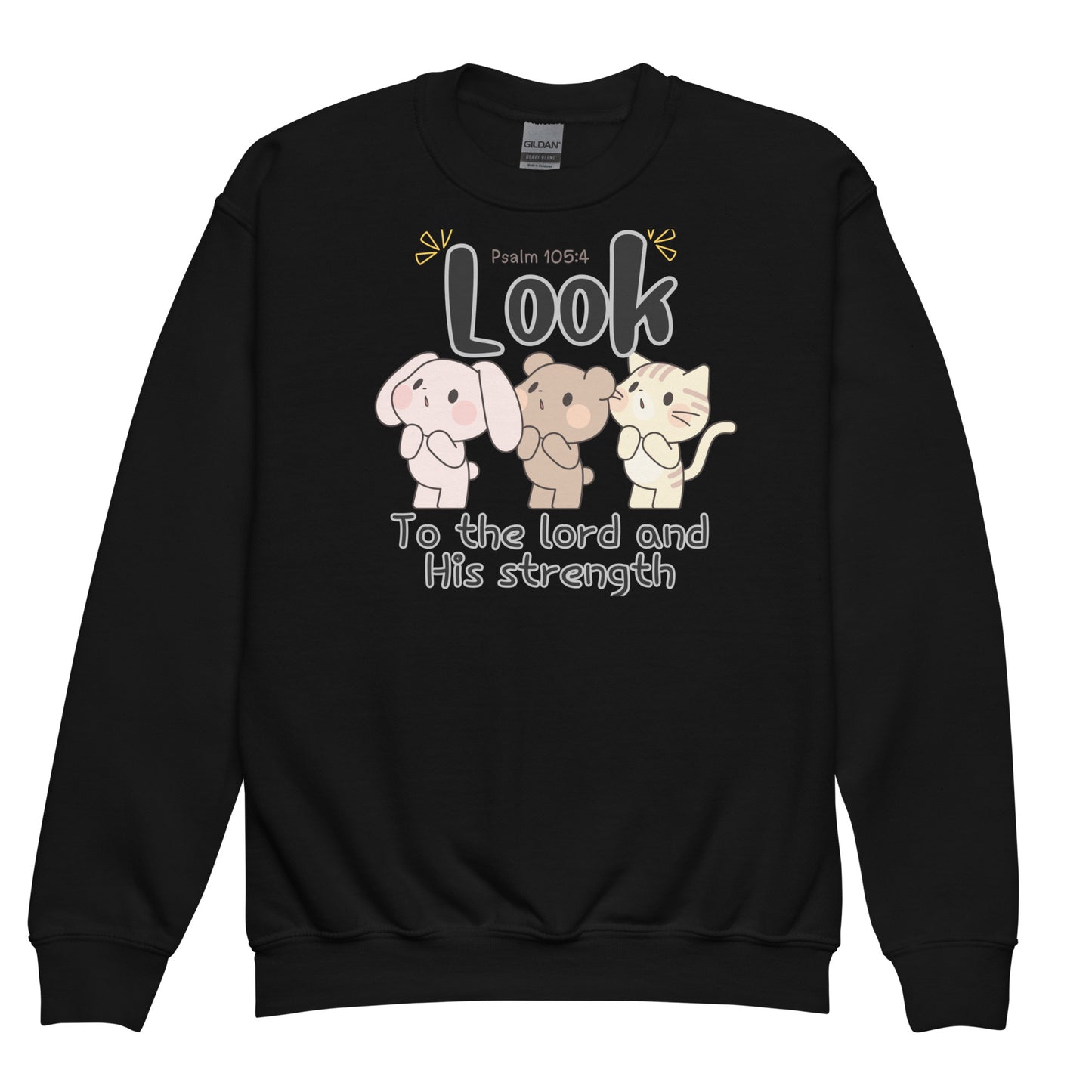 Seek the Lord and His strength; seek His face evermore, Psalm 105:4, Youth crewneck sweatshirt