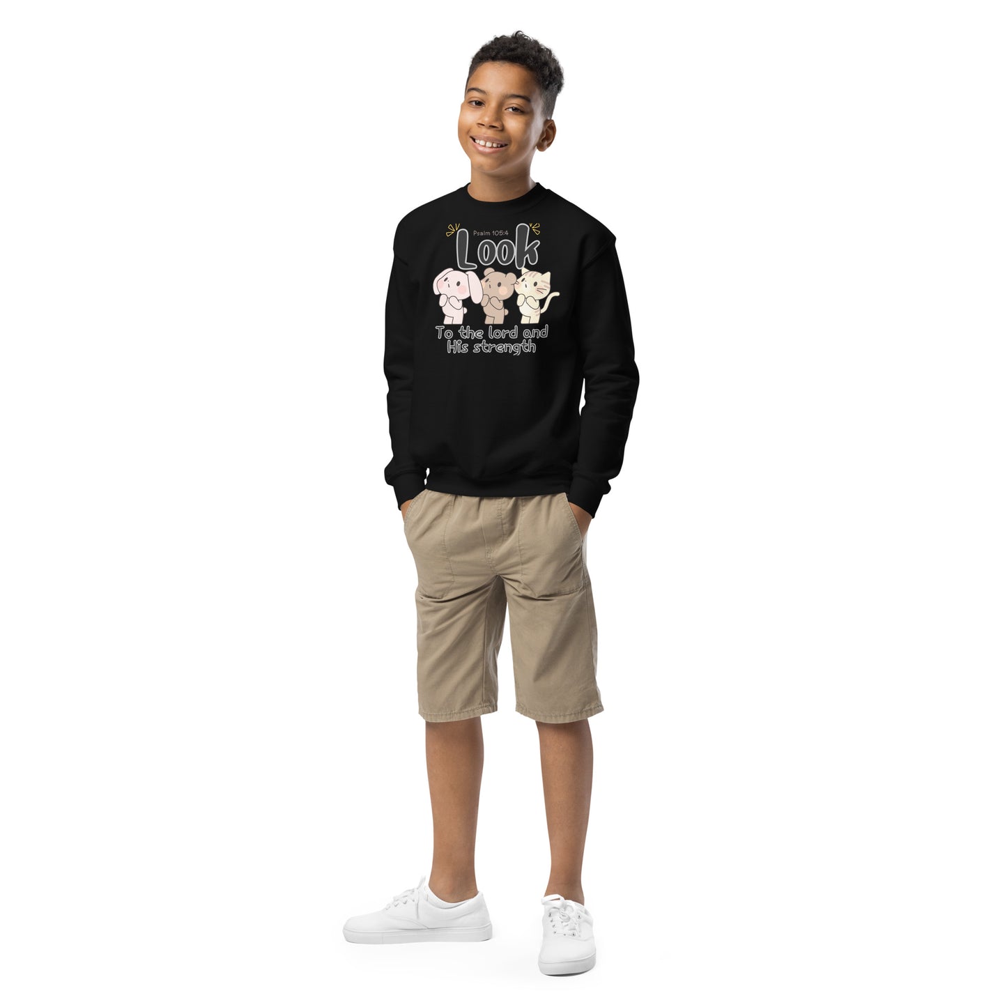 Seek the Lord and His strength; seek His face evermore, Psalm 105:4, Youth crewneck sweatshirt