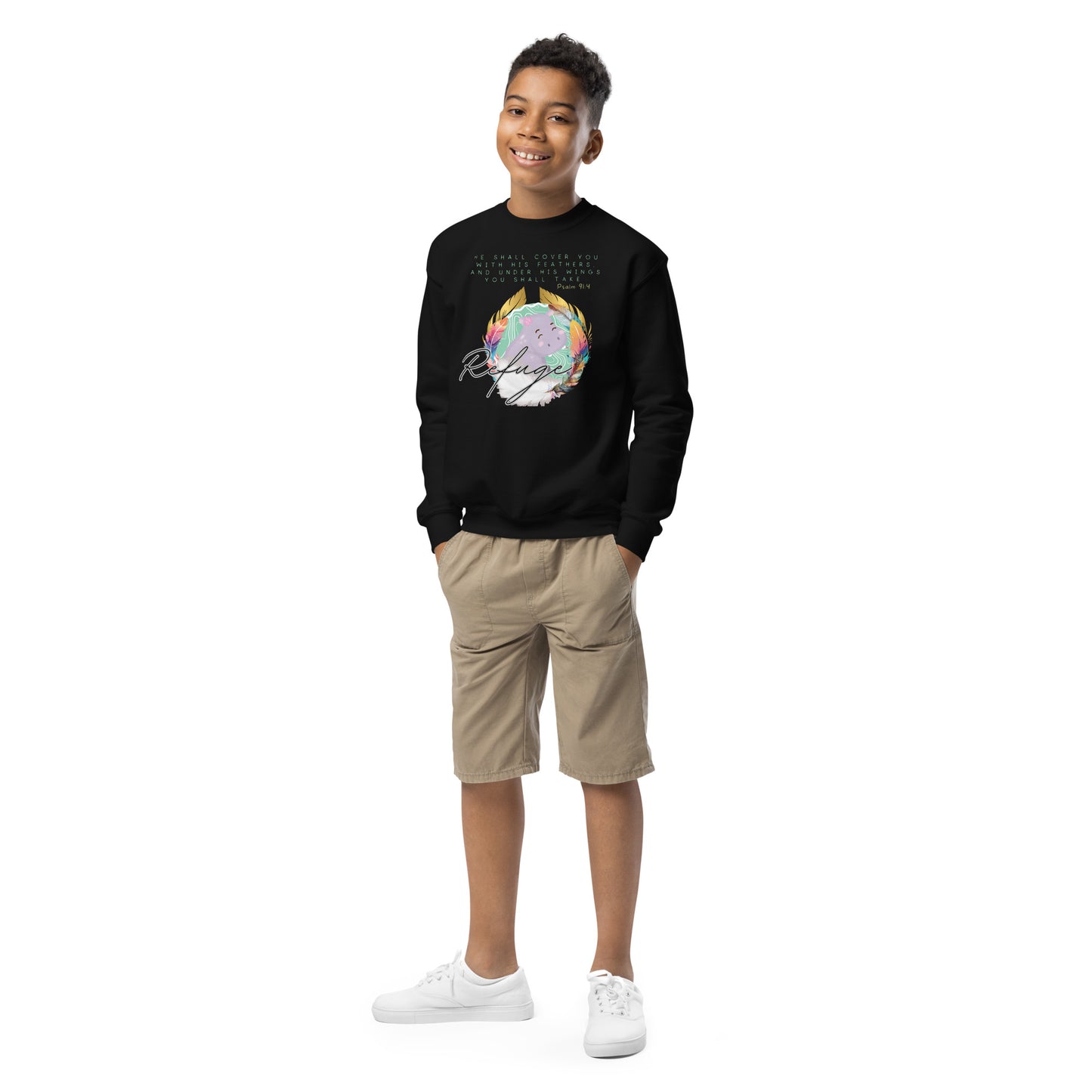 Refuge, Psalm 91:4, Youth crewneck sweatshirt