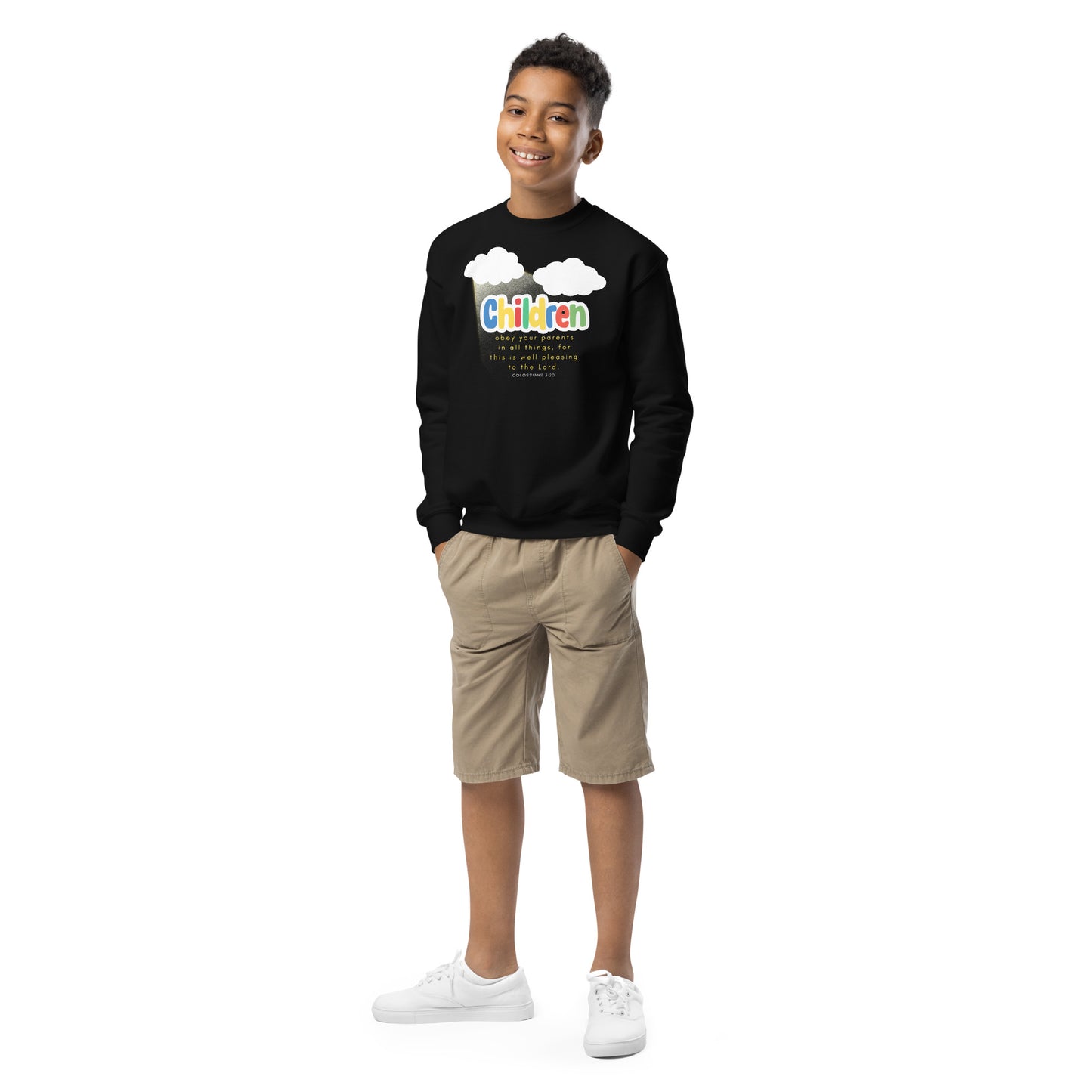 Children, obey your parents in all things, Colossians 3:20, Youth crewneck sweatshirt