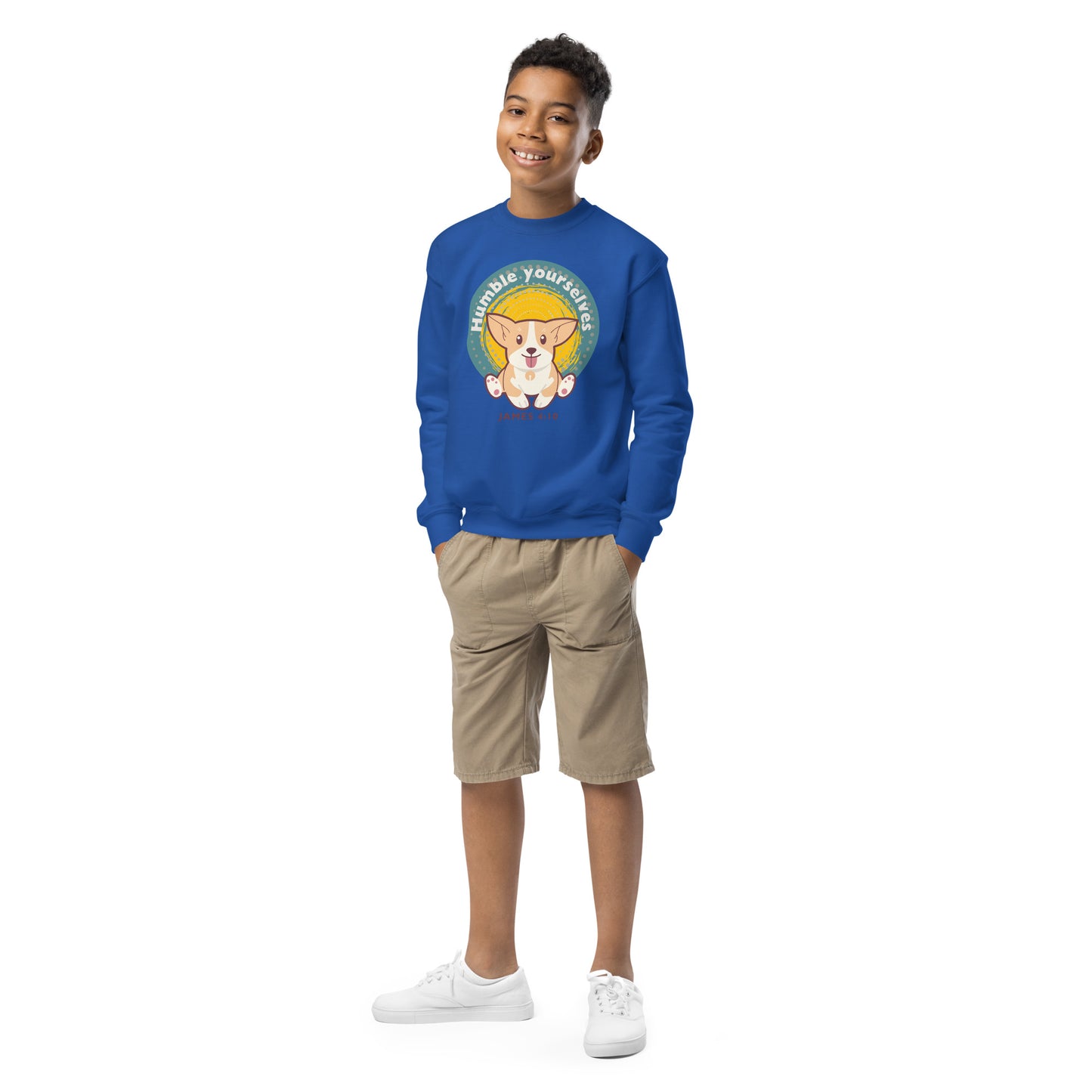 Humble yourselves in the sight of the Lord, and he shall lift you up", James 4:10, Youth crewneck sweatshirt