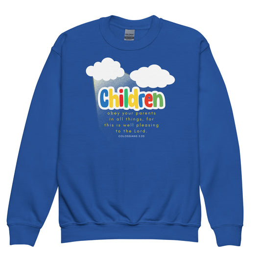 Children, obey your parents in all things, Colossians 3:20, Youth crewneck sweatshirt