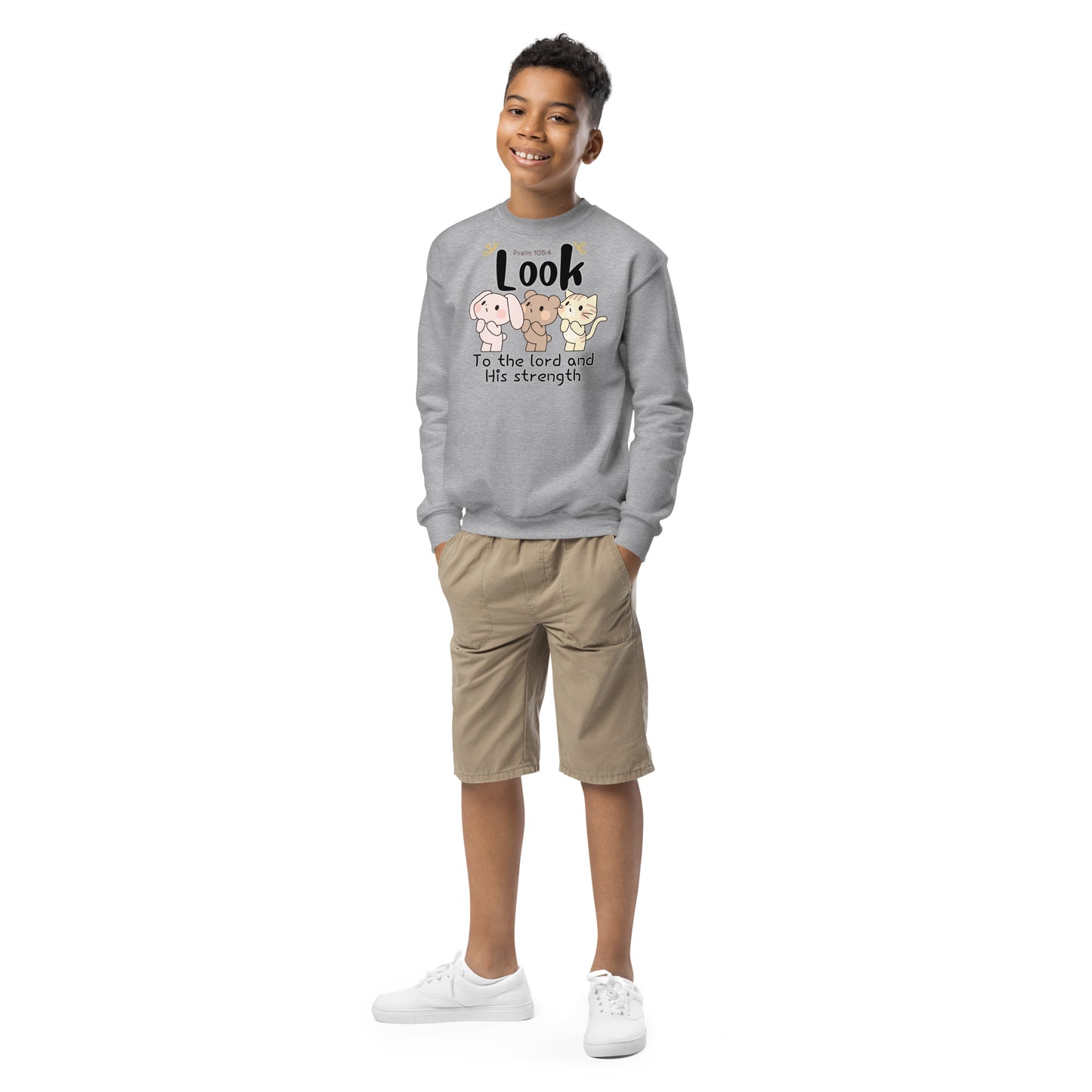 Seek the Lord and His strength; seek His face evermore, Psalm 105:4, Youth crewneck sweatshirt