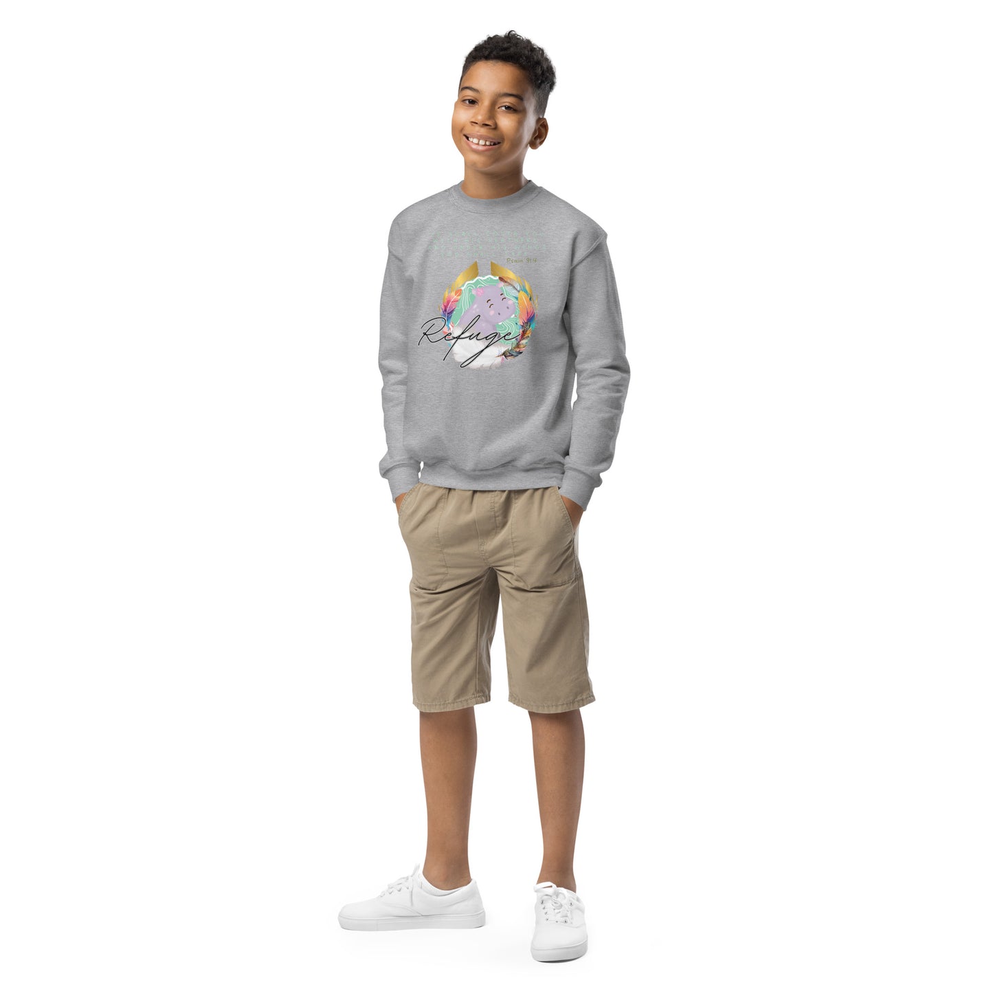 Refuge, Psalm 91:4, Youth crewneck sweatshirt