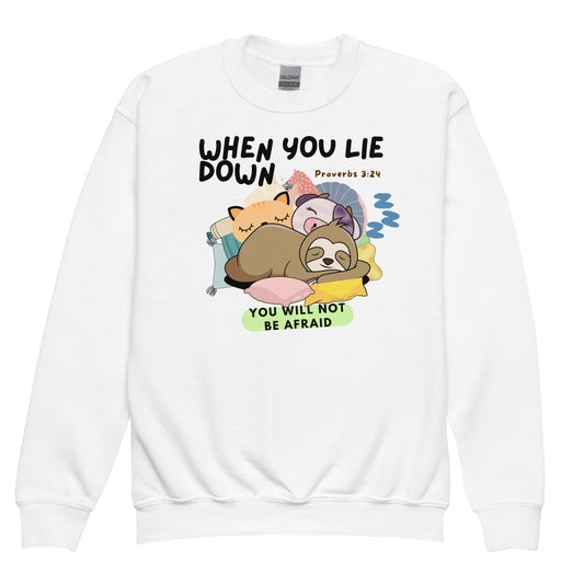 When You Lie Down, You Will Not Be Afraid, Proverbs 3:24, Youth crewneck sweatshirt