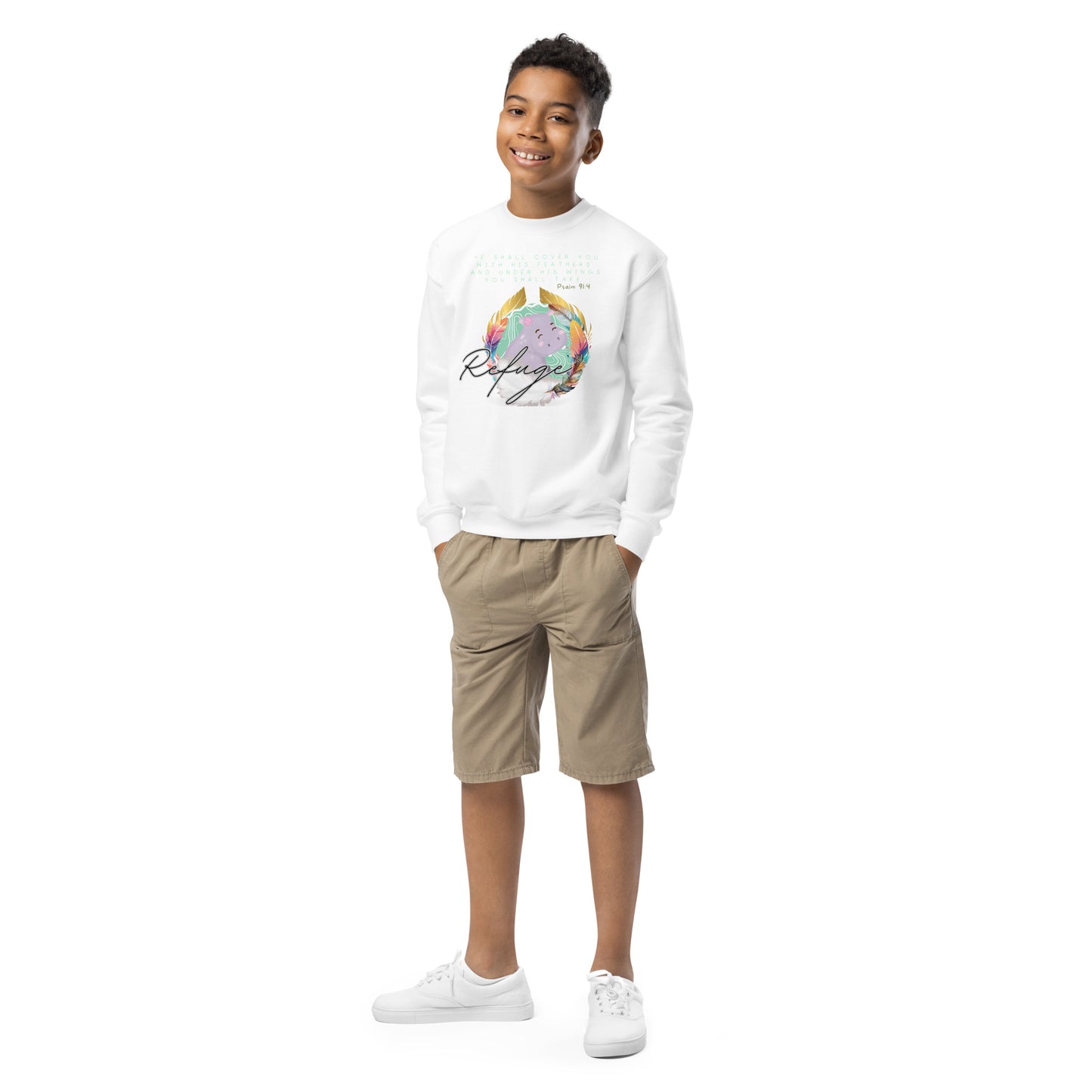 Refuge, Psalm 91:4, Youth crewneck sweatshirt