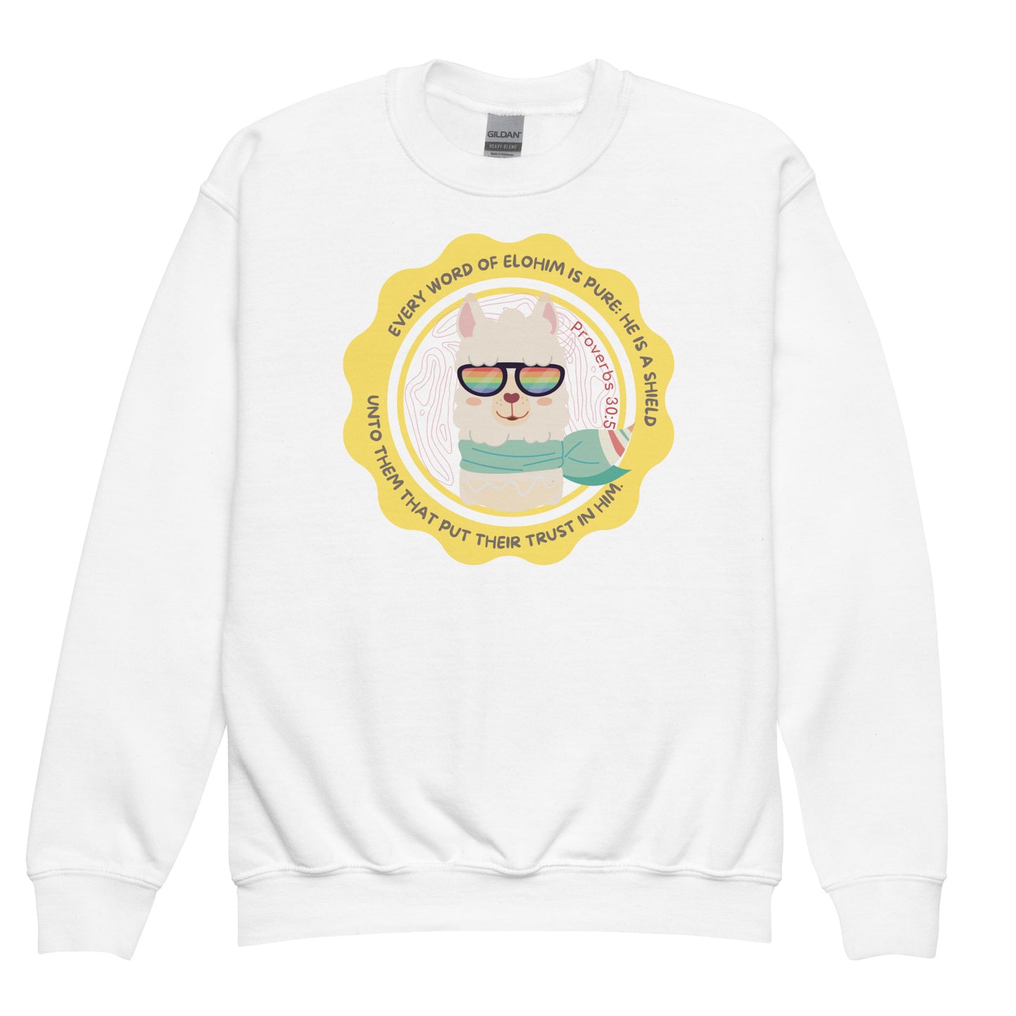 Every word of Elohim is pure: he is a shield unto them that put their trust in him", Proverbs 30:5,Youth crewneck sweatshirt